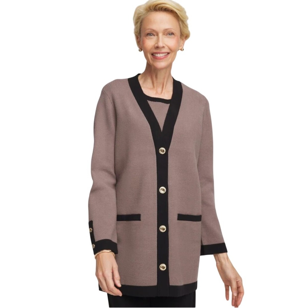 Chico's Women's Taupe Contrast‎ Trim Cardigan and Tank Sweater Set Size XL/3